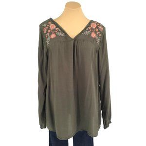 Knox Rose Tunic Top Size XXL Olive Green Pink Embroidery